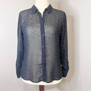 Sophie Rue Small Womens blouse Button Up Roll Tab Sleeve Black Polka Dot Sheer